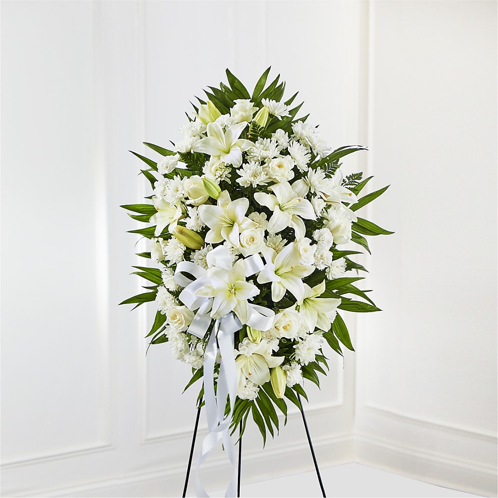 Exquisite Tribute Standing Spray-White Ribbon – ALWAYS & FOREVER FLORAL, Delbarton WV